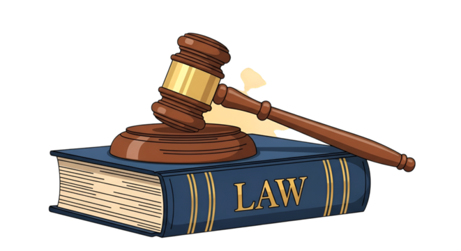 Stylized illustration of a wooden gavel resting atop a thick blue law book on a black background.