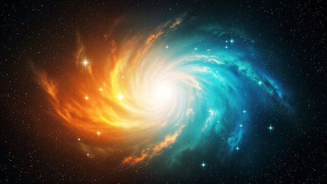 Vibrant spiral galaxy with orange and blue nebula in deep space