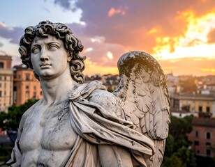 Marble statue of angel with stunning wings against a sunset, overlooking a European city