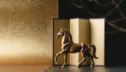 金屏風と馬のブロンズ像を使った高級感のある正月・縁起物イメージ