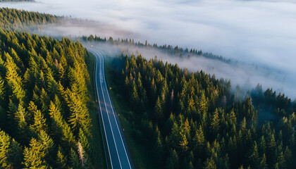 Aerial View of a Winding Road Cutting Through a Lush Green Pine Forest Shrouded in Morning Mist with Golden Sunlight Illuminating the Trees
