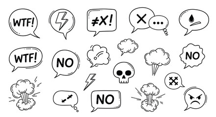 Fototapeta premium Collection of hand-drawn speech bubbles and comic elements, including text, symbols, and expressive icons.