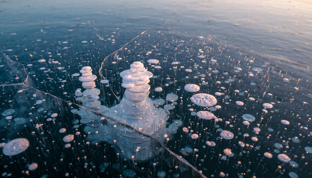 Freezing Natural Phenomenon Trapped Bubbles and Ice Formations on a Frozen Lake Surface During Golden Hour with Soft Sunlight Glinting on Ice Crystals