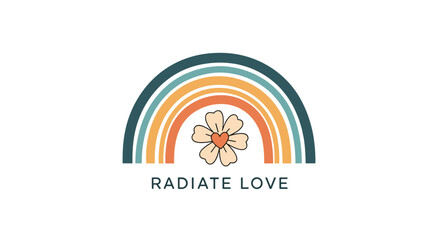 Boho rainbow with flower and text radiate love on a white background.