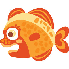 Stylized Orange and Yellow Tropical Fish With Big Eyes and Open Mouth Cartoon Illustration on Transparent Background