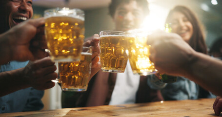 Hands, friends and cheers with beer in pub for reunion celebration, night out or bonding. Happy hour, event or people with alcohol toast in bar for social gathering, party or group success with flare
