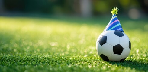Football soccer ball with colorful party hat on green grass field. Sports celebration concept with bright sunny background.