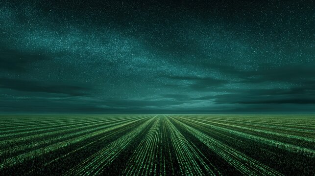 Digital field with binary code patterns glowing under starry night sky. Futuristic cyber landscape merging technology and nature.