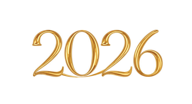 Elegant golden 3d rendering of the year 2026 in a calligraphic font on a white background.