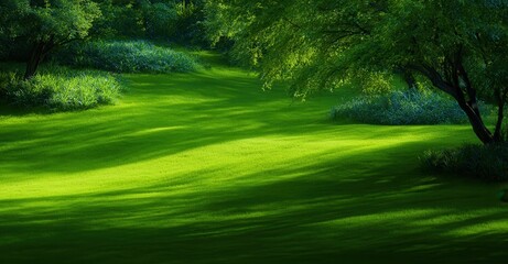 Naklejka premium Enchanted forest with green grass and trees. Peaceful natural landscape with sunlight filtering through leaves creating shadows.