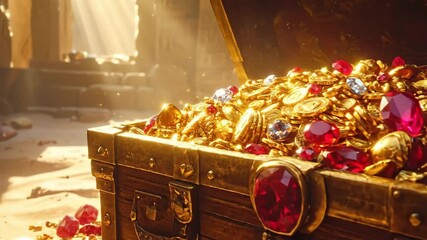 Golden Treasure Chest Overflowing with Gold Coins and Gemstones in Ancient Ruins Illuminated by Sunbeams