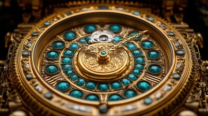 Naklejka premium Ornate gold clock face with teal gems