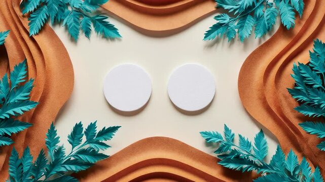 Two white circular platforms framed by wavy orange paper and turquoise foliage