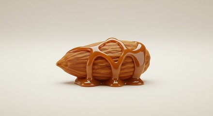 Almond with caramel drizzle close up shot on plain background