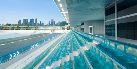 3d rendering future urban racetrack and modern stadium seating