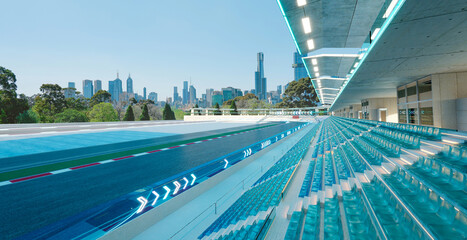 3d rendering empty urban racetrack with futuristic grandstand and city skyline