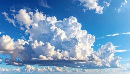 Large, fluffy cumulus clouds drift in a bright blue sky