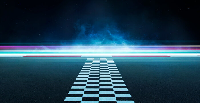 3d rendering racetrack finish line with light trails at night