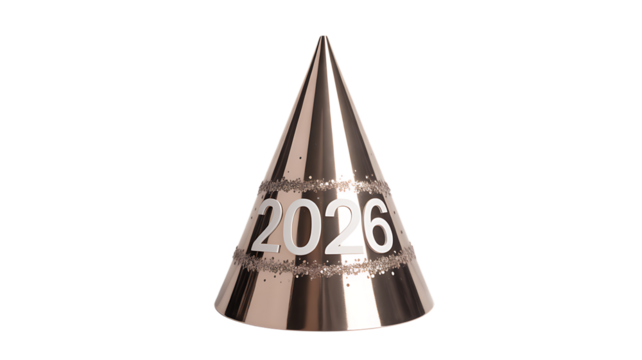 Festive Cone Hat with Year 2026 and Glitter new year.