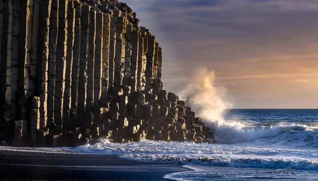 Dramatic basalt columns on Reynisfjara black sand beach Iceland with crashing waves at sunset golden hour dramatic lighting natural landscape photography