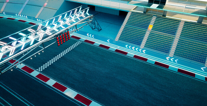 3d rendering empty futuristic racing circuit with starting lights