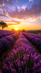 Naklejka premium Rows of purple lavender under a vibrant sunset with radiant sun rays
