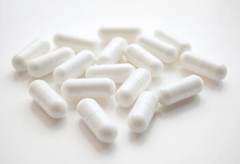 Close-up of several generic white capsules on a clean surface,  background,  product