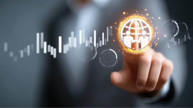 Businessman in suit uses finger to interact with glowing global business icon (two figures shaking hands on globe), with background bar charts and tech circles