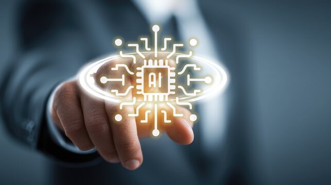 Businessman in suit uses finger to interact with glowing AI chip icon (circuits design), embodying artificial intelligence, corporate technology, digital innovation and business tech strategy. - Powered by Adobe
