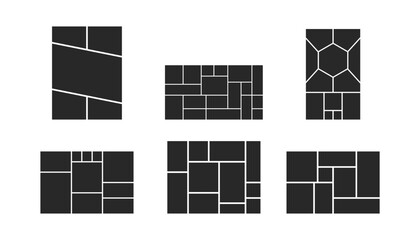 These six photo frame layout icons show diverse geometric grids and divisions for arranging multiple images into a collage.