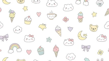 Cute kawaii seamless pattern vector background with ice cream cloud moon star cupcake teddy bear flower bow