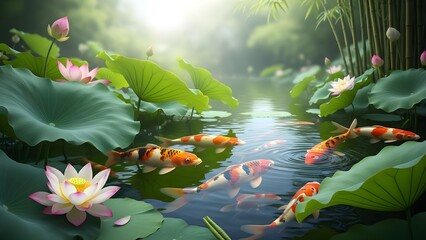 Beautiful koi fish pond with lotus flowers and bamboo garden serene asian nature background image
