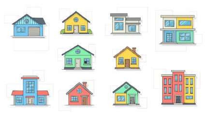 Colorful houses illustration showing different architectural styles and designs.