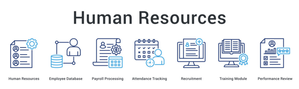 Human resources banner web icon manages employee database payroll attendance recruitment training and performance reviews.