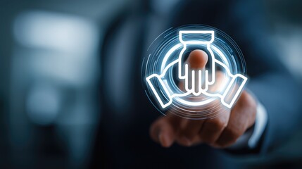 Businessman in suit uses finger to interact with glowing support hand icon (tech circle); representing corporate assistance, business support, professional aid and digital collaboration strategy.