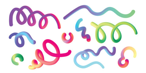 Modern pop art vector shapes featuring multicolored 3D ribbons and decorative swirls