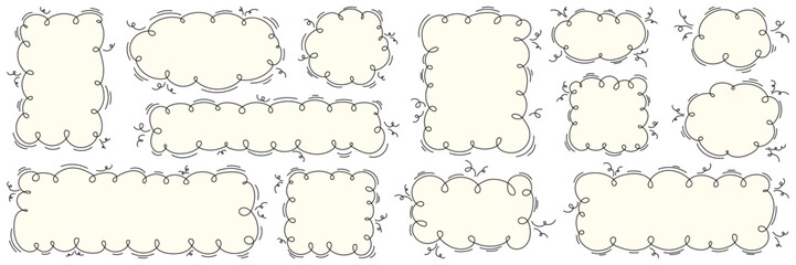 Collection of 11 handdrawn doodle text frames with decorative curly embellishments and varied shapes on a white background