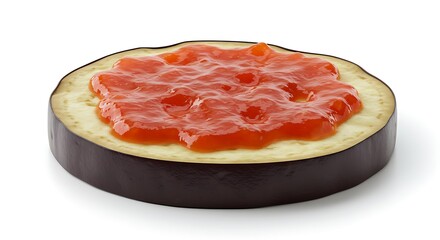 Fresh eggplant slice topped with tomato jam on white background