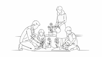 Family bonding over gardening activity, planting flowers together.