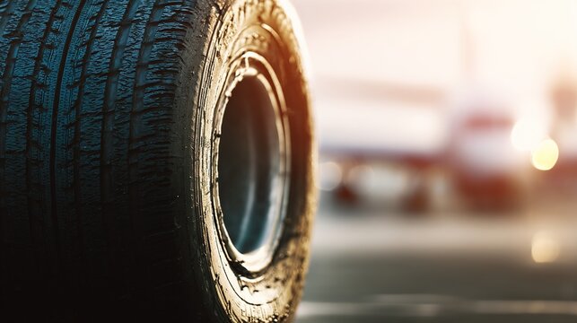 chock. Extreme close-up of a heavy rubber wheel chock positioned against an aircraft tire. mobility guides, transit brochures, designed for mobility and urban transit guides.