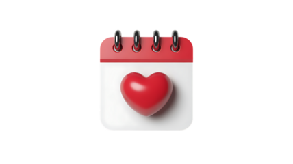 Red Heart On A Calendar Page With Silver Rings love, Heart Calendar Icon, Romantic Date Design for Valentine’s, Anniversaries & Love Events.