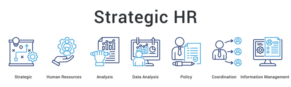 Strategic HR banner web icon integrating analysis and policy coordination with information management for workforce planning.