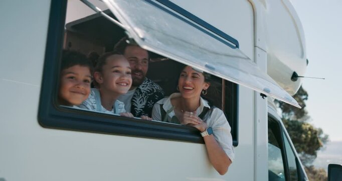 Window, parents or kids in camper van with happy family, sightseeing or talk on vacation. Smile, mother or father with children in motorhome for adventure, travel or road trip in recreational vehicle