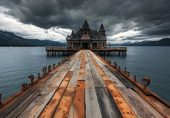 Abandoned Mansion on Lake Pier
