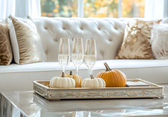 Autumnal Decor on Coffee Table with Pumpkins and Champagne Flutes