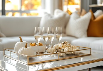 Autumnal Elegance White Pumpkins and Champagne Flutes on a Gold Tray