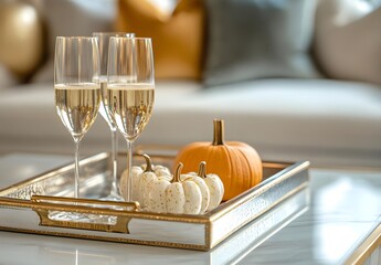 Two Glasses of Champagne with Pumpkins on a Gold Tray