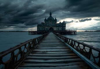 Mysterious Mansion on the Sea Under a Stormy Sky
