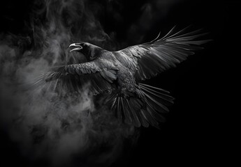 Raven in Flight, Black and White, Smoke Background