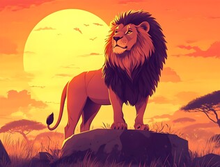 Majestic Lion at Sunset in the African Savanna
